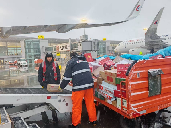 1月20日清晨,在西安咸阳国际机场,东航西北分公司员工在大雪中忙碌搬运工-东航供图02